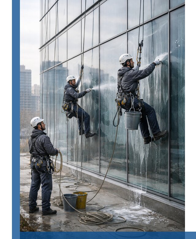 Промышленная мойка панорамных окон на высоте в Наро-Фоминске