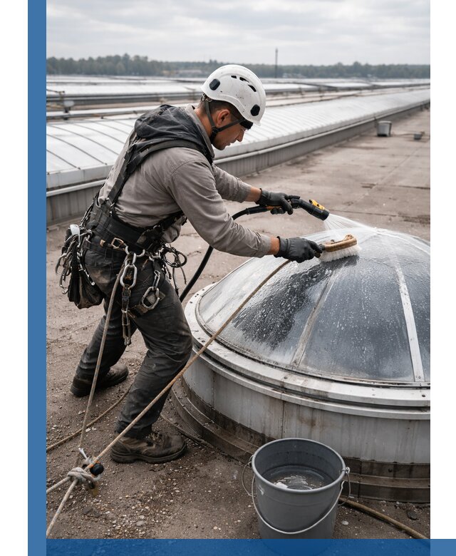 Мойка зенитных фонарей на кровле для промышленных объектов в Наро-Фоминске