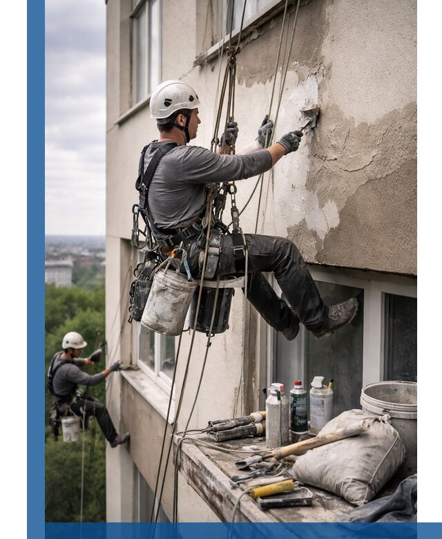 Косметический ремонт фасада зданий в Наро-Фоминске промышленными альпинистами