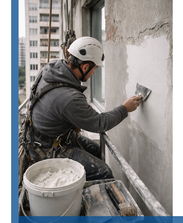 Шпаклевка фасадов на высоте с промальпинистами в Наро-Фоминске