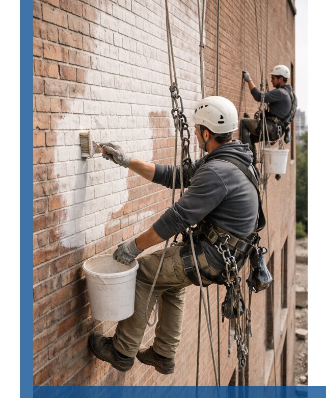 Покраска кирпичного фасада с доступным альпинистским сервисом в Наро-Фоминске