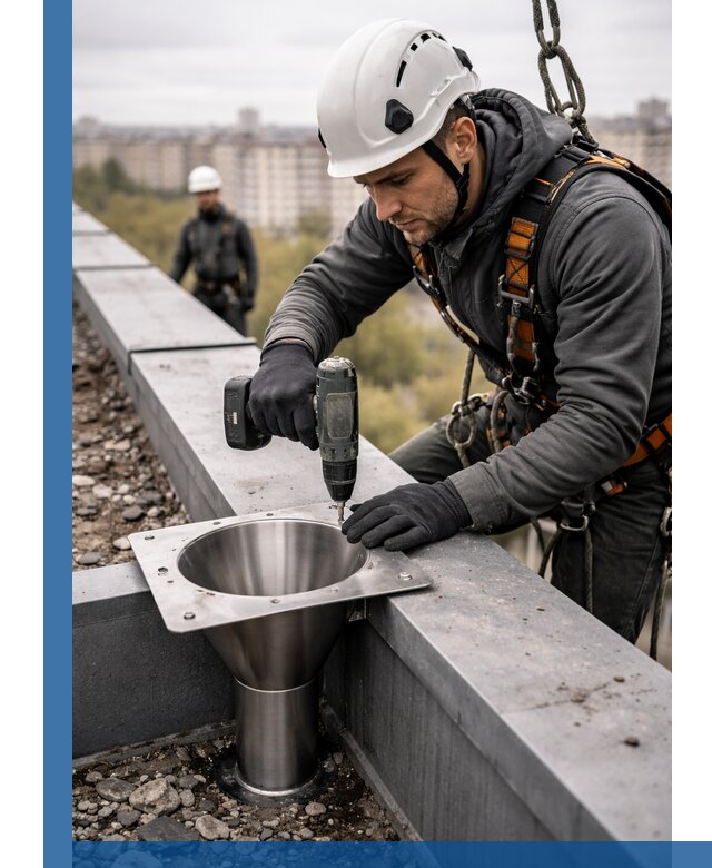 Монтаж водосточных воронок в Наро-Фоминске для промышленных зданий