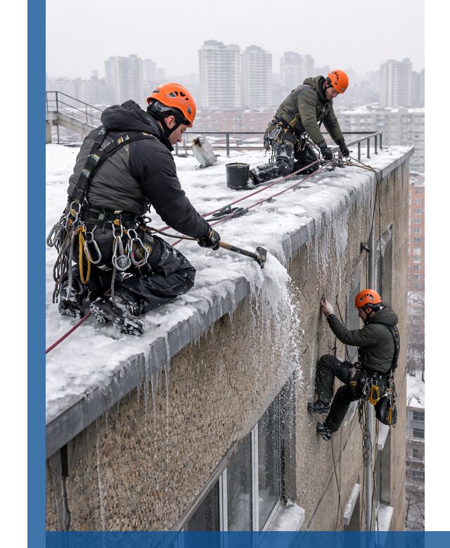 Удаление наледи с кровли в Наро-Фоминске промышленными альпинистами