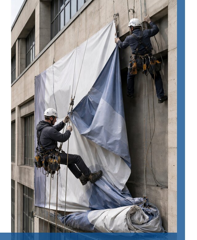 Демонтаж баннеров с фасада в Наро-Фоминске от 4610 р. | ВЫСОТНИК-Нр-