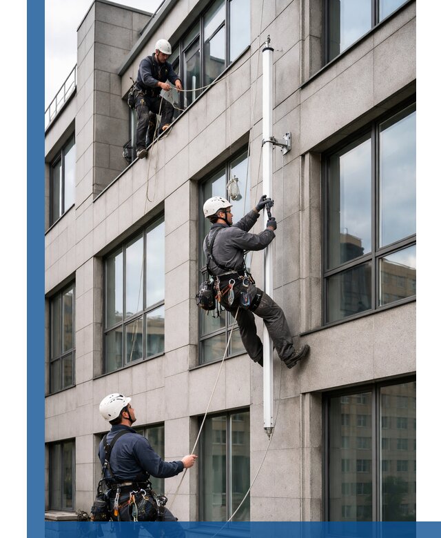 Монтаж флагштока на фасаде здания с креплением и герметикой в Наро-Фоминске