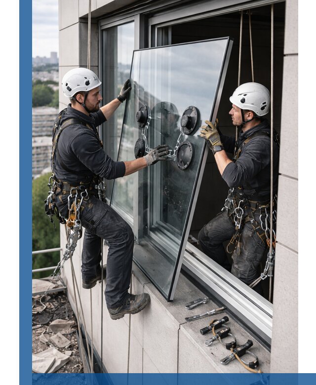 Замена стеклопакетов на высоте с промышленными альпинистами в Наро-Фоминске