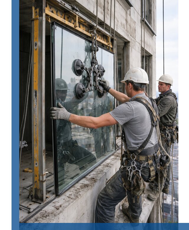 Монтаж стеклопакетов на высоте в Наро-Фоминске с промышленным альпинизмом