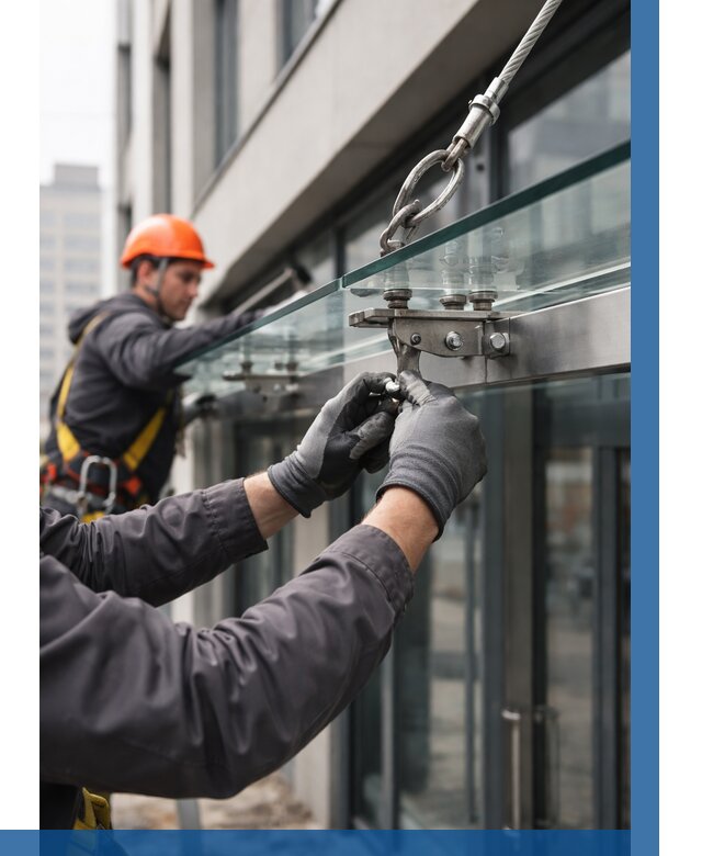 Монтаж стеклянных козырьков в Наро-Фоминске от 8708 р. | ВЫСОТНИК-Нр-