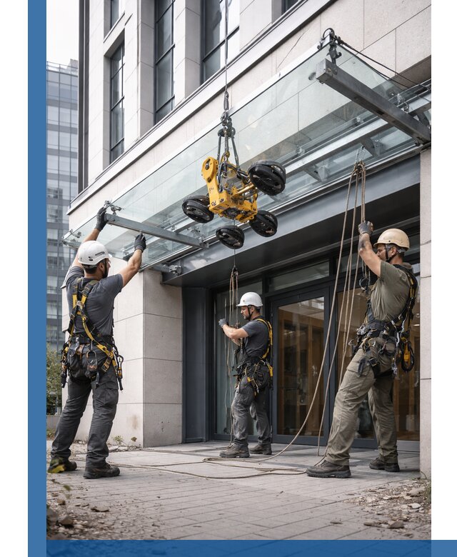 Монтаж стеклянных козырьков под ключ в Наро-Фоминске для зданий