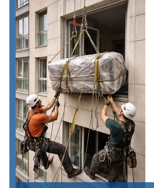 Подъем грузов через окно в Наро-Фоминске промышленными альпинистами