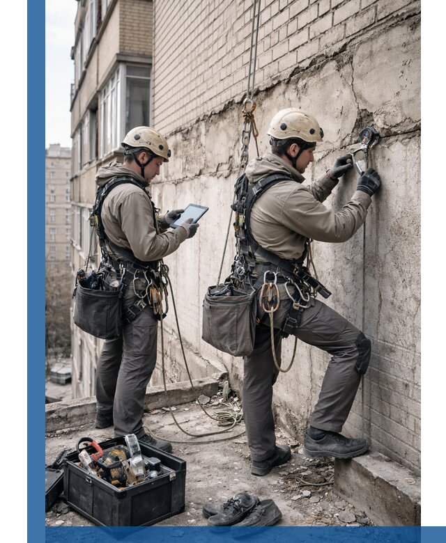 Обследование фасада промышленными альпинистами в Наро-Фоминске